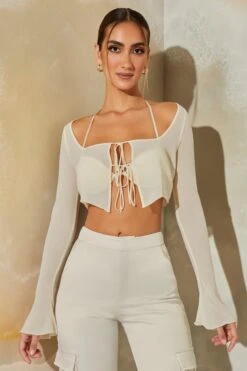 Long Sleeve Ruched Bralette With Sheer Overlay In Stone -Glam Dress Store 6152 6170 2 Veryan Daya Stone Mesh Bra Top With Chiffon Overlay Cardigan Satin Straight Leg Cargo Pants