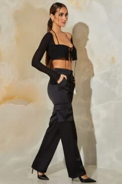 Satin Straight Leg Cargo Trousers In Black -Glam Dress Store 6152 6170 3 Veryan Daya Black Mesh Bra Top With Chiffon Overlay Cardigan Satin Straight Leg Cargo Pants 2e74332e 69b4 41ba b911 0cce881679e9