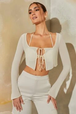 Long Sleeve Ruched Bralette With Sheer Overlay In Stone -Glam Dress Store 6152 6170 3 Veryan Daya Stone Mesh Bra Top With Chiffon Overlay Cardigan Satin Straight Leg Cargo Pants