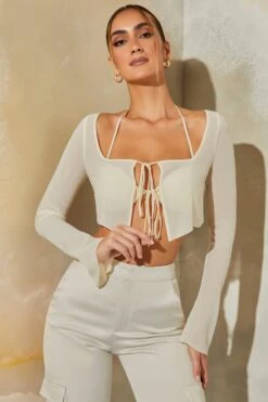 Long Sleeve Ruched Bralette With Sheer Overlay In Stone -Glam Dress Store 6152 6170 4 Veryan Daya Stone Mesh Bra Top With Chiffon Overlay Cardigan Satin Straight Leg Cargo Pants