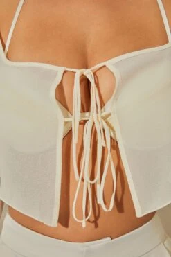 Long Sleeve Ruched Bralette With Sheer Overlay In Stone -Glam Dress Store 6152 6170 5 Veryan Daya Stone Mesh Bra Top With Chiffon Overlay Cardigan Satin Straight Leg Cargo Pants