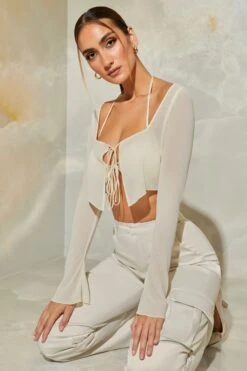Long Sleeve Ruched Bralette With Sheer Overlay In Stone -Glam Dress Store 6152 6170 7 Veryan Daya Stone Mesh Bra Top With Chiffon Overlay Cardigan Satin Straight Leg Cargo Pants
