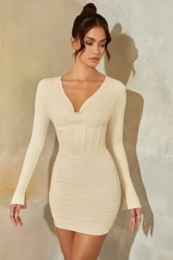 Long Sleeve Cowl Neck Corset Mini Dress In Stone -Glam Dress Store 6153 1 Stone Long Sleeved Cowl Neck Ruched Mini Dress