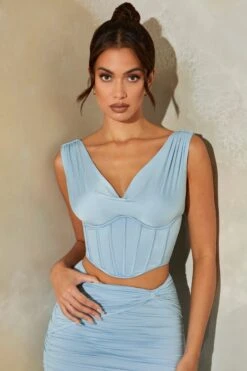 Plunge Neck Corset Crop Top In Light Blue