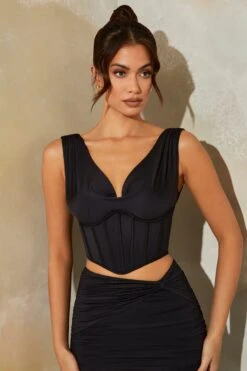 Plunge Neck Corset Crop Top In Black 12 Plunge Neck Corset Crop Top In Black -Glam Dress Store 6159 6155 5 Haze Black Plunge Cowl Corset Nova Ruched Maxi Skirt