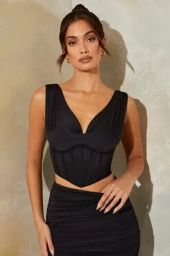 Plunge Neck Corset Crop Top In Black