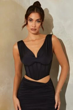 Plunge Neck Corset Crop Top In Black 14 Plunge Neck Corset Crop Top In Black -Glam Dress Store 6159 6155 7 Haze Black Plunge Cowl Corset Nova Ruched Maxi Skirt