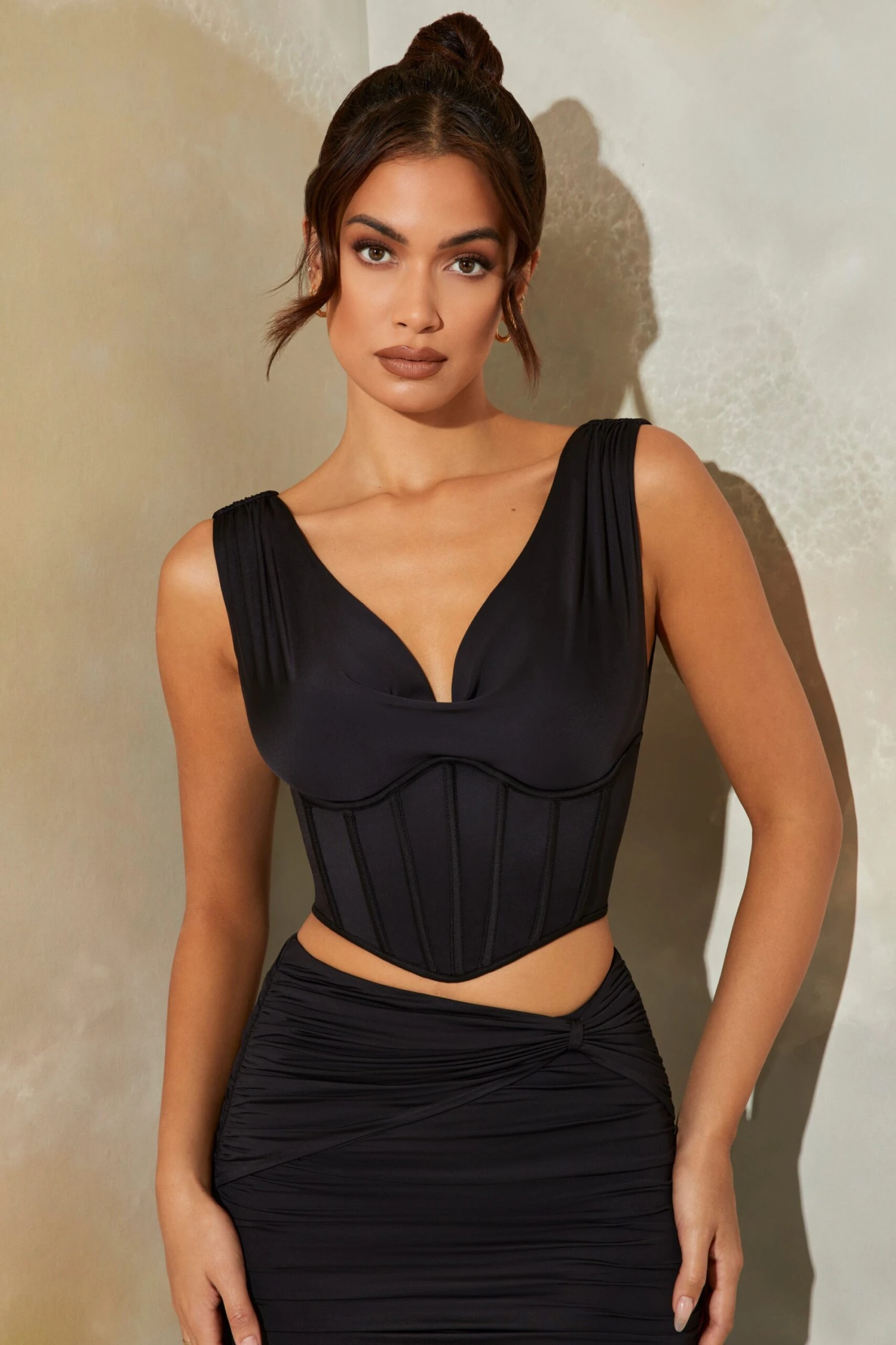 Plunge Neck Corset Crop Top In Black 8 Plunge Neck Corset Crop Top In Black - Image 6