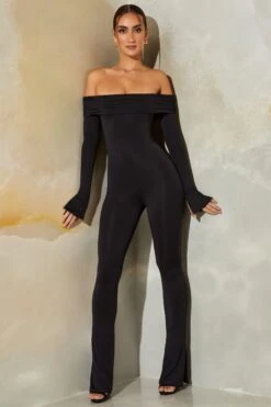 Long Sleeve Open Back Jumpsuit In Black 15 Long Sleeve Open Back Jumpsuit In Black -Glam Dress Store 6161 3 Reeva Black Back Detail Flared Jumpsuit