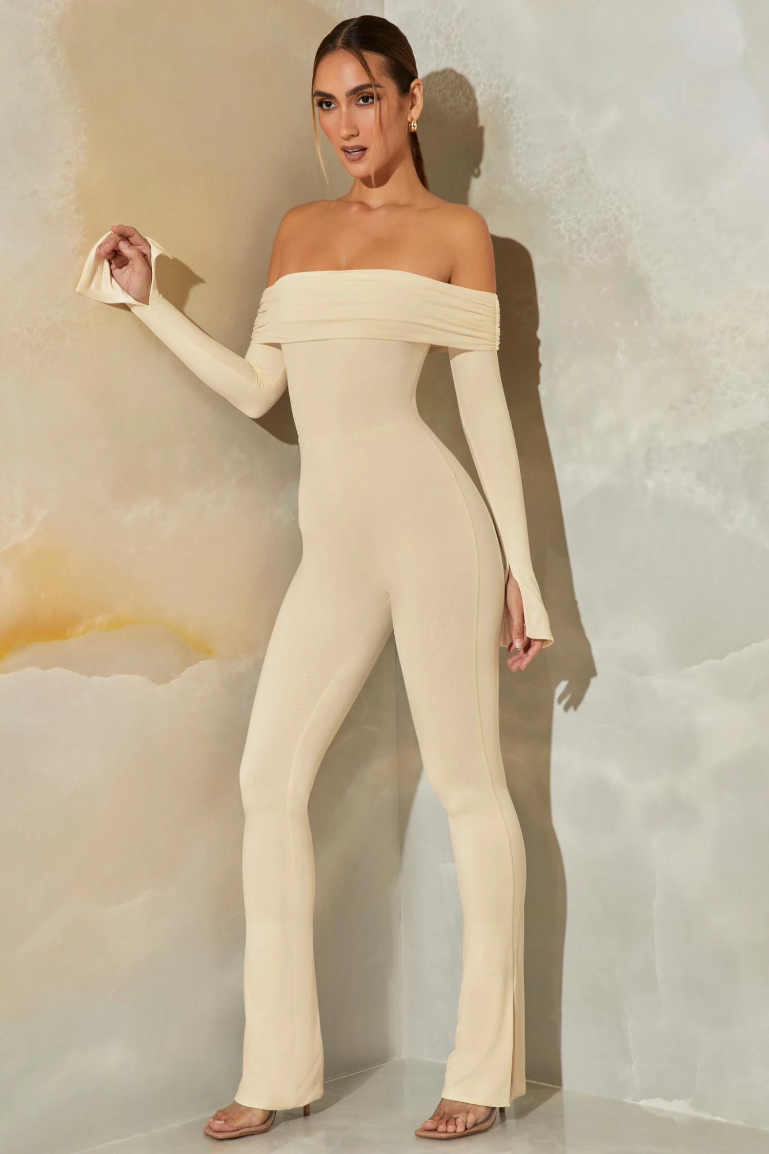 Long Sleeve Open Back Jumpsuit In Stone 3 Long Sleeve Open Back Jumpsuit In Stone