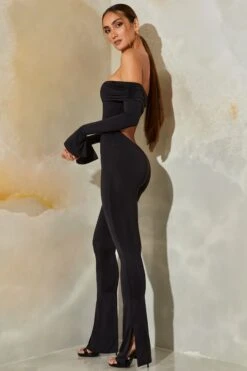 Long Sleeve Open Back Jumpsuit In Black 11 Long Sleeve Open Back Jumpsuit In Black -Glam Dress Store 6161 6 Reeva Black Back Detail Flared Jumpsuit