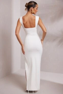 High Split Plunge Neck Maxi Dress In White 15 High Split Plunge Neck Maxi Dress In White -Glam Dress Store 6172 5 Sloane White Plunge Ruched Maxi Dress