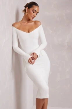 Long Sleeve Off The Shoulder Midi Dress In White