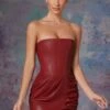 Vegan Leather Bandeau Corset Mini Dress In Brick -Glam Dress Store 6174 3 Brick Bandeau Corset Dress With Wrap And Drape