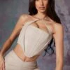 Vegan Leather Corset Crop Top In Stone -Glam Dress Store 6175 6176 12 Amdis Stone Cross Front Corset Aluna Pu Stright Leg Cargo Trousers