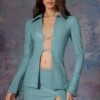 Tie Front Vegan Leather Shirt In Light Teal -Glam Dress Store 6178 6177 6 Blue Low Waist Split Mini Skirt Tie Front Pu Shirt