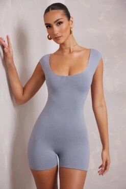 Open Back Scoop Neck Romper In Blue -Glam Dress Store 6179 3 Navy Cross Back Strap Romper