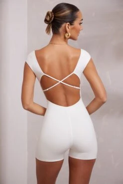 Open Back Scoop Neck Romper In White 12 Open Back Scoop Neck Romper In White -Glam Dress Store 6179 5 White Cross Back Strap Romper