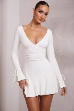 Long Sleeve Ruched A-Line Mini Dress In White -Glam Dress Store 6182 8 Lilah White Ruched A Line Mini Dress 0c4cf1bf 981f 448f 96cc 55c06c296575