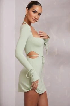 Long Sleeve Cut Out A-Line Mini Dress In Sage -Glam Dress Store 6183 1 Elise Sage Cut Out A Line Mini