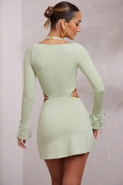 Long Sleeve Cut Out A-Line Mini Dress In Sage -Glam Dress Store 6183 2 Elise Sage Cut Out A Line Mini