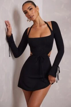 Long Sleeve Cut Out A-Line Mini Dress In Black 16 Long Sleeve Cut Out A-Line Mini Dress In Black -Glam Dress Store 6183 9 Elise Black Cut Out A Line Mini