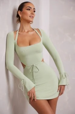 Long Sleeve Cut Out A-Line Mini Dress In Sage -Glam Dress Store 6183 9 Elise Sage Cut Out A Line Mini 2d96f3d2 8e26 4687 86f8 40362cb60f68