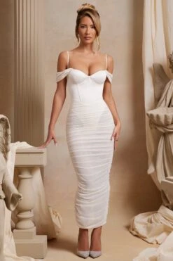 Off The Shoulder Ruched Corset Maxi Dress In Ivory 15 Off The Shoulder Ruched Corset Maxi Dress In Ivory -Glam Dress Store 6188 1 Cecily Ivory Corset Drop Shoulder Ruched Maxi Dress