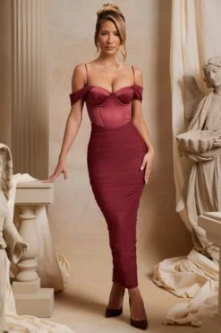 Off The Shoulder Ruched Corset Maxi Dress In Red