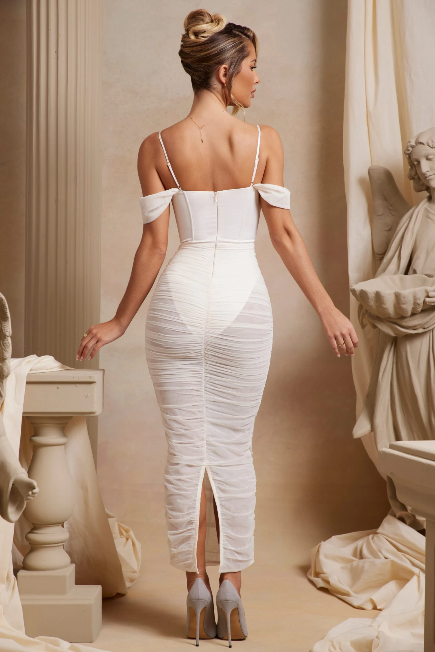Off The Shoulder Ruched Corset Maxi Dress In Ivory 4 Off The Shoulder Ruched Corset Maxi Dress In Ivory - Image 2