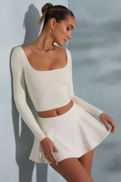Rounded Square Neck Long Sleeve Top In Ivory -Glam Dress Store 6189 7317 2 Mia White Rounded Square Neck Long Sleeve Top Skort 01450464 4579 4bc5 ba7d 767ed3fcef50