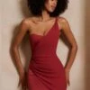 One Shoulder Draped Mini Dress In Red