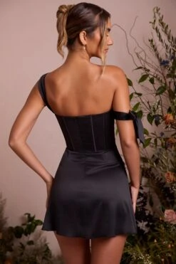 New Products -Glam Dress Store 6198 10 Lilou Black Off Shoulder Corset Dress With Georgette Draped Details Mini Dress