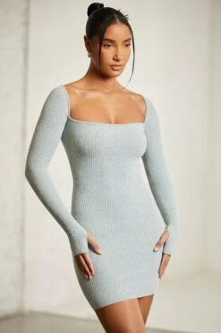 Long Sleeve Square Neck Mini Dress In Mint -Glam Dress Store 6302 4 Green Wide Straight Neck Mini Dress With Sleeves