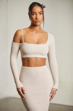 Asymmetric Long Sleeve Crop Top In Beige -Glam Dress Store 6312 6711 7 Praline One Shoulder Crop Top Maxi Skirt