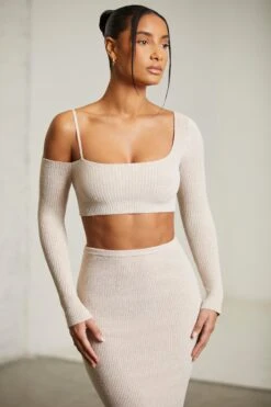 Asymmetric Long Sleeve Crop Top In Beige -Glam Dress Store 6312 6711 8 Praline One Shoulder Crop Top Maxi Skirt
