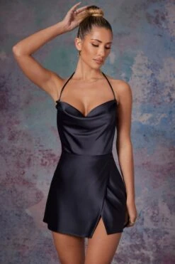 Cowl Front Wrap Over Mini Dress In Midnight Black -Glam Dress Store 6324 3 Lenora Black Cowl Front Wrap Over Micro Dress