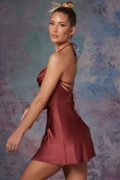 Cowl Front Wrap Over Mini Dress In Brick -Glam Dress Store 6324 6 Lenora Brick Cowl Front Wrap Over Micro Dress