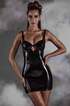 Cut Out Vinyl Corset Mini Dress In Black -Glam Dress Store 6336 6 Black corset keyhole mini dress