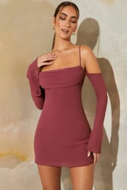 Long Sleeve Bardot Mini Dress In Dark Mauve 12 Long Sleeve Bardot Mini Dress In Dark Mauve -Glam Dress Store 6364 7 Niari Plum Cowl Neck Off Shoulder Mini Dress 1