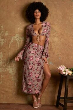 Side Split Midaxi Skirt In Beige Print 15 Side Split Midaxi Skirt In Beige Print -Glam Dress Store 6375 6 BeigePrintMidi Skirt With Split