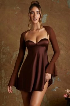 Long Flared Sleeve Shrug In Brown -Glam Dress Store 6376 1 Esin Brown Flared sleeve Shrug