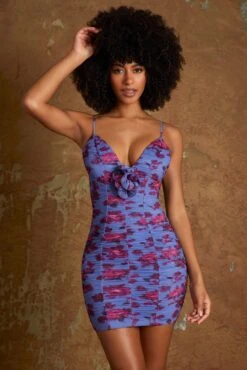 Plunge Neck Mini Dress With Flower Detail In Periwinkle Print