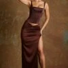 Twist Waist Side Split Maxi Skirt In Brown -Glam Dress Store 6386 6584 2 Aysun Kiraz Brown Layered Lace Up Corset Twist Maxi Skirt