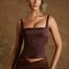 Longline Lace Up Corset Top In Brown -Glam Dress Store 6386 6584 5 Aysun Kiraz Brown Layered Lace Up Corset Twist Maxi Skirt 41defff2 9038 47fc 9c4b 7b8a16ff1b6c