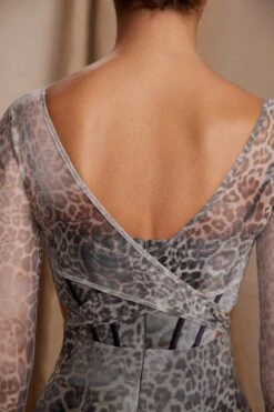 Long Sleeve Layered Corset Mini Dress In Grey Print -Glam Dress Store 6514 2 Taylor Print Layered Cut Out Corset Mini Dress