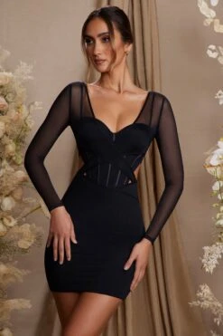 Long Sleeve Layered Corset Mini Dress In Black