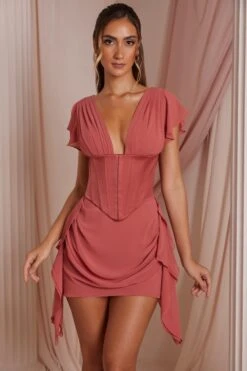 Draped Corset Mini Dress In Terracotta -Glam Dress Store 6533 2 Ceriste Terracotta Draped Corset Mini Waterfall Skirt