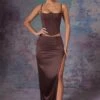 Side Split Satin Maxi Skirt In Brown 1 Side Split Satin Maxi Skirt In Brown -Glam Dress Store 6535 6722 1 Dawson Brown Push Up Corset Maxi Skirt With Side Slit