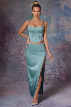 Side Split Satin Maxi Skirt In Light Teal -Glam Dress Store 6535 6722 2 Dawson Blue Maxi Skirt With Side Slit Zella Push Up Full Lenght Corset